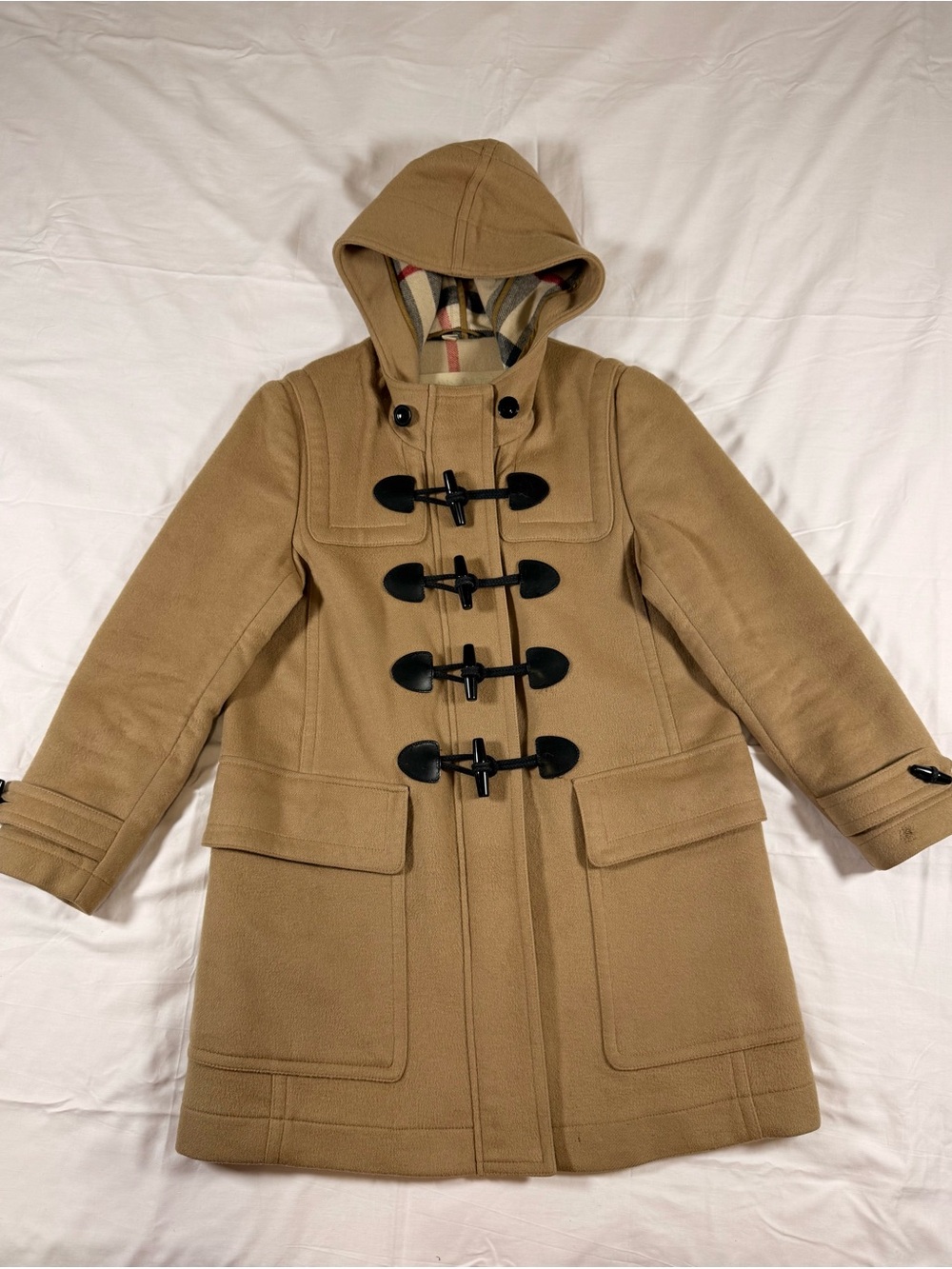 Burberry Camel Hooded Duffle Coat with Black Toggles